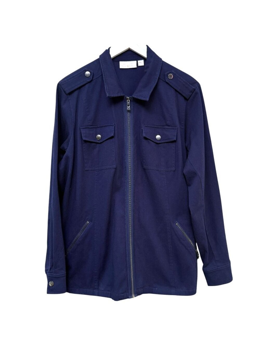 Kim Gravel Utility Jacket Large Navy Blue Zip Front Safari Casual Jacket